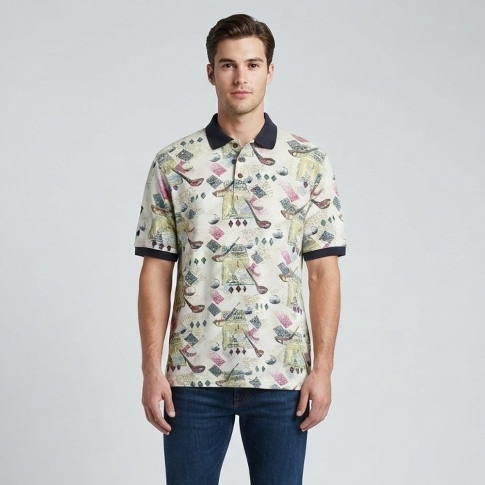 Classics by Palmland Mens Golf Print Polo Shirt Vintage Novelty Style Cream L